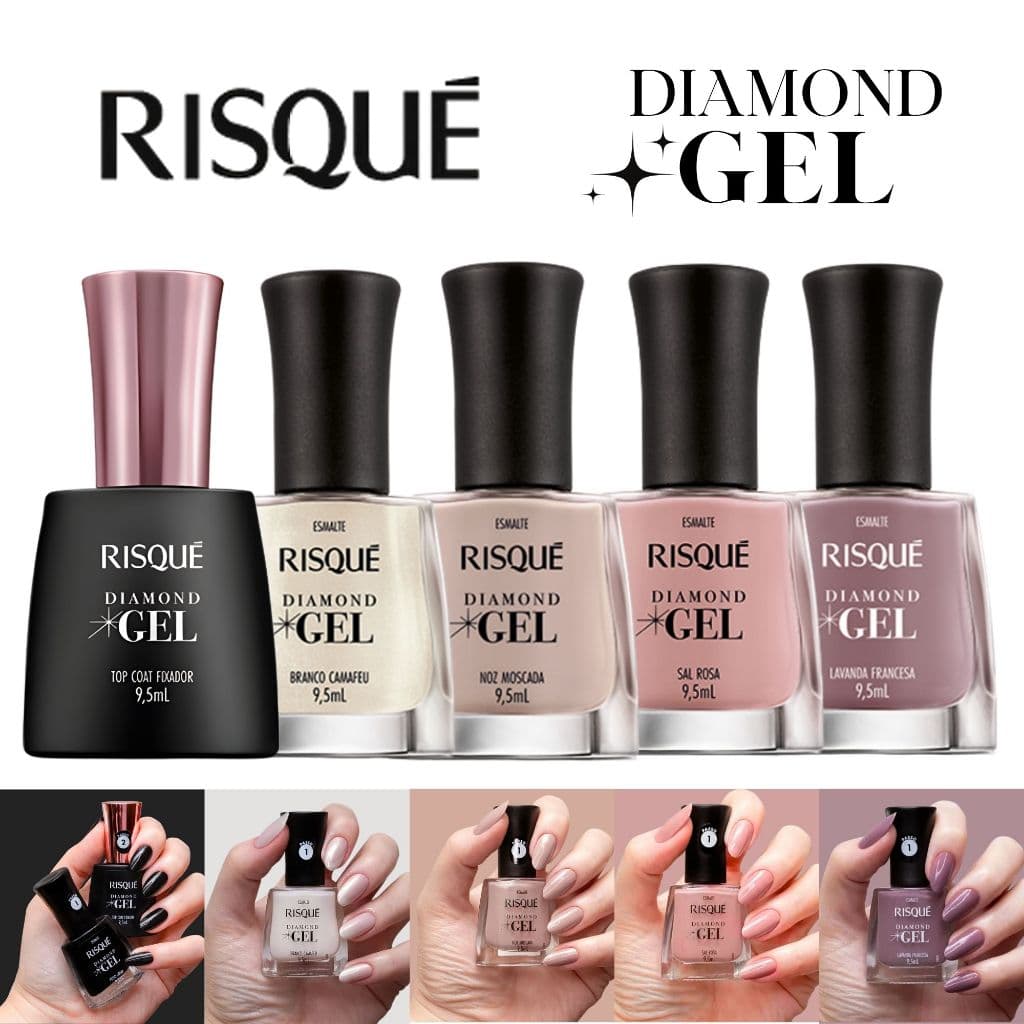 Esmalte Risque Diamond Gel 9,5ml Cremosos Esmalte Efeito Gel Top Coat Fixador Tons Nude