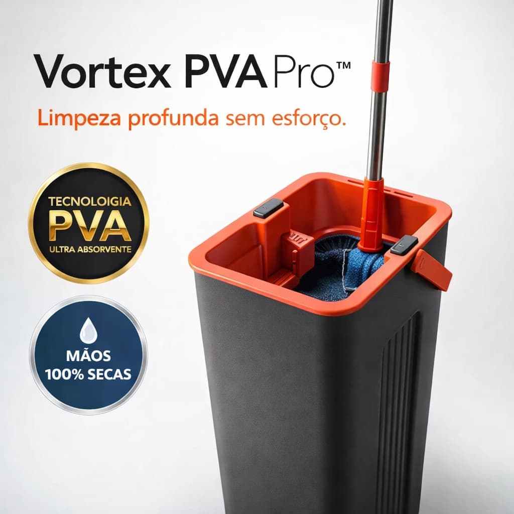 Mop Esponja PVA com Balde Giratório Inox 125cm Ajustável Vortex PVA Pro™ – Limpeza Fácil Sem Molhar as Mãos