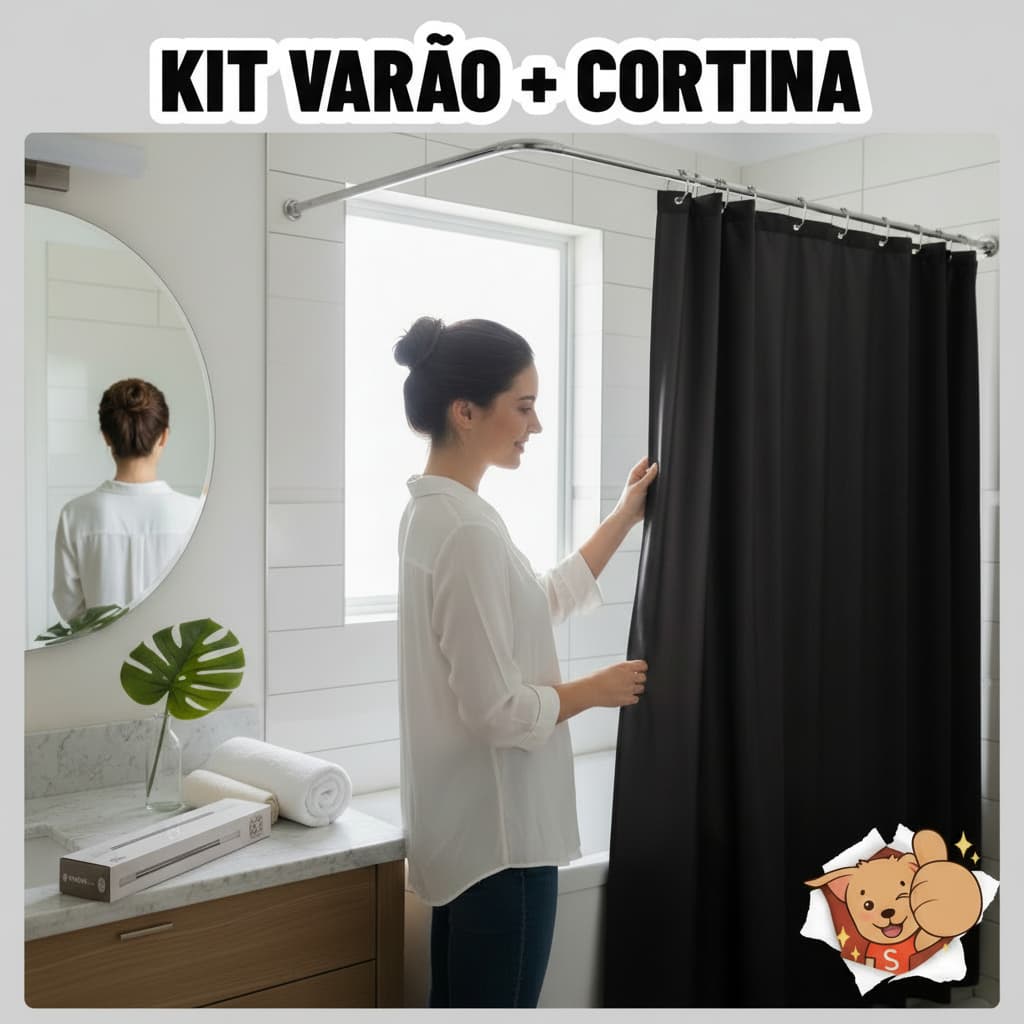 Kit Varão para Cortina de Banheiro Preto Pvc Suporte Box Alumínio 2m Bastão 1,10m até 2,00m