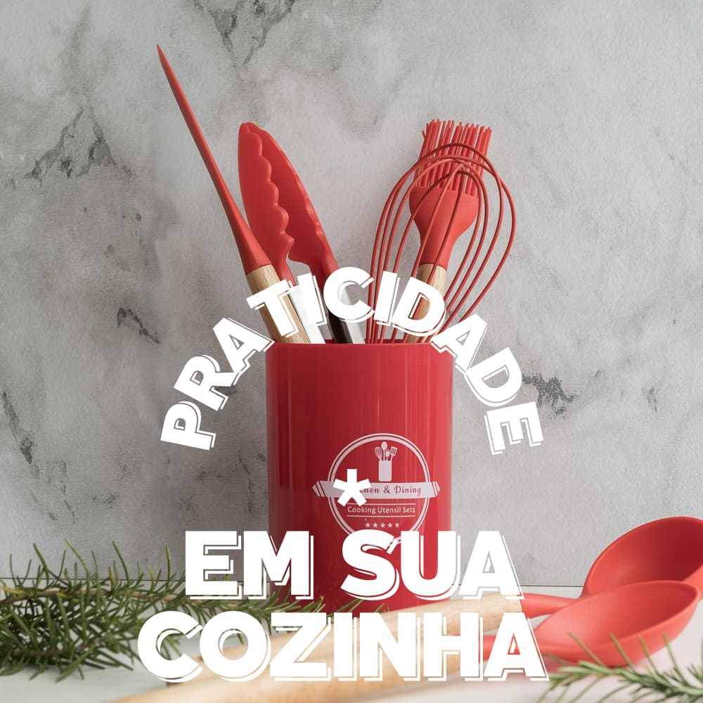 Kit Utensílios Silicone Vermelho 7 Peças com Cabo de Madeira + Suporte Organizador