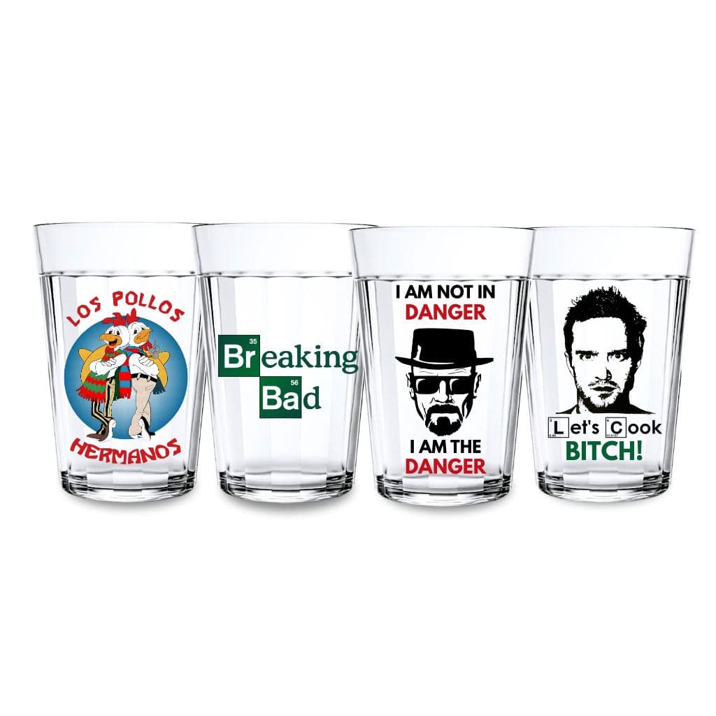 Jogo 4 Copos Americanos Vidro Breaking Bad 190ml Estampado Heisenberg Alto Relevo Decorativo