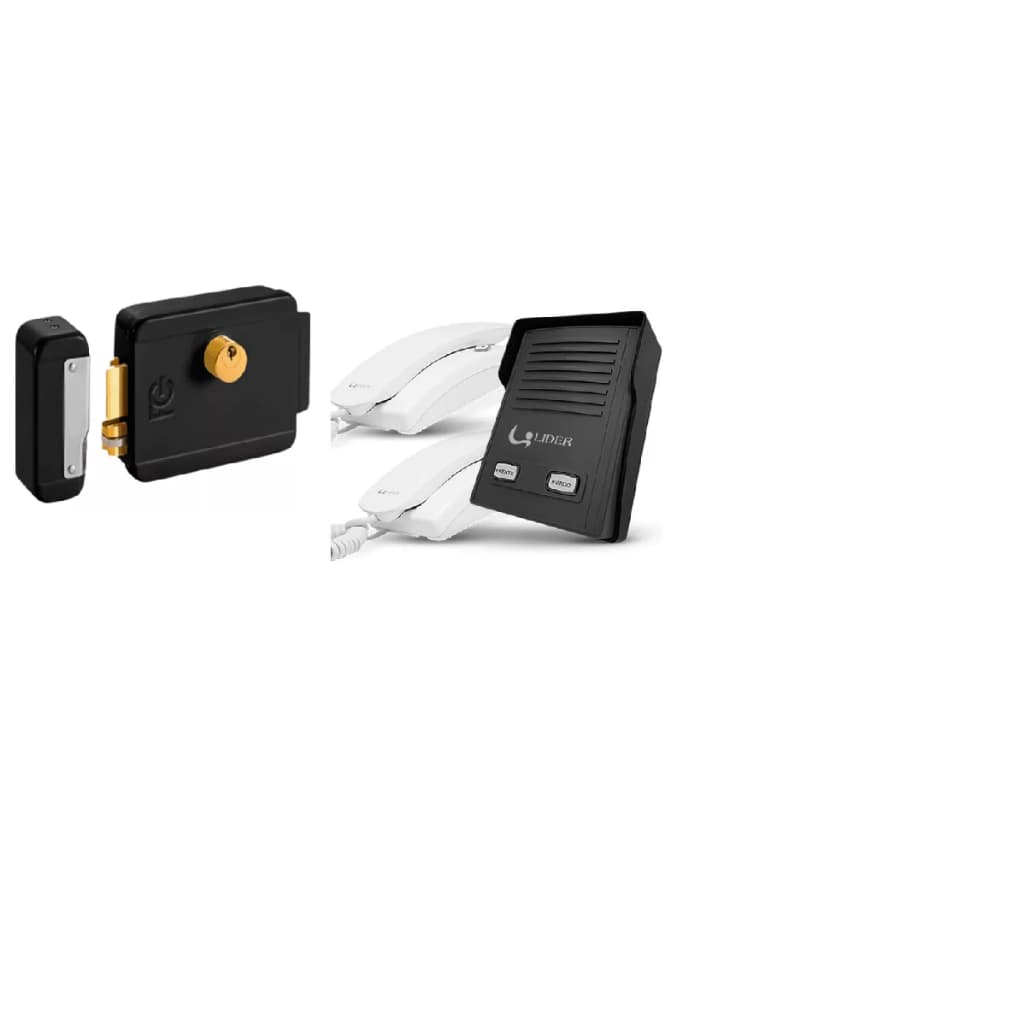 Kit Porteiro Eletrônico Interfone 2 Pontos Casas Apartamentos + Fechadura Elétrica + 50 metros de Cabo LR522 Lider