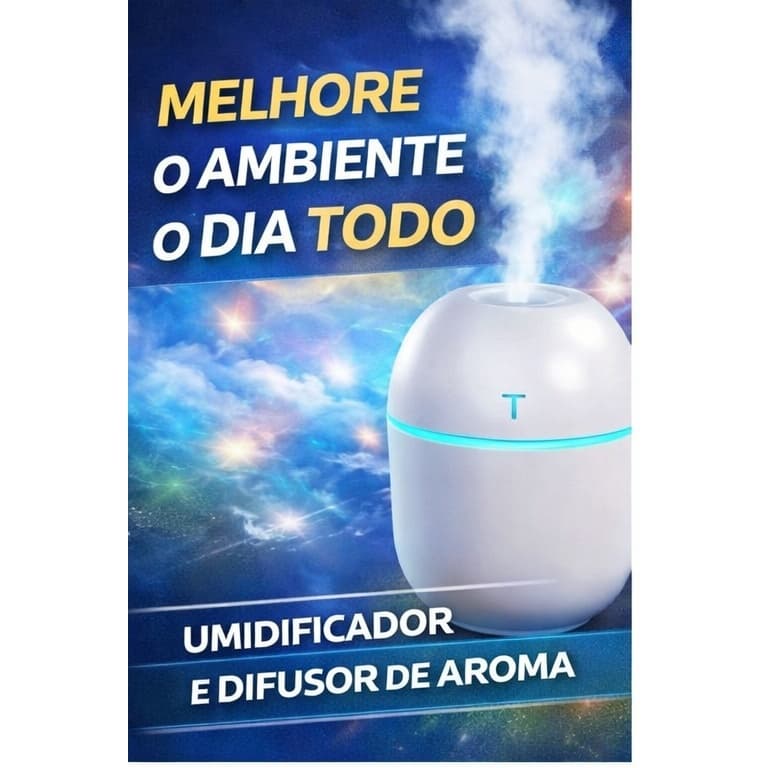 Umidificador de Ar 300ml Ultrassônico LED 7 Cores | Difusor de Aroma USB Silencioso | Umidificador Portátil Para Quarto,