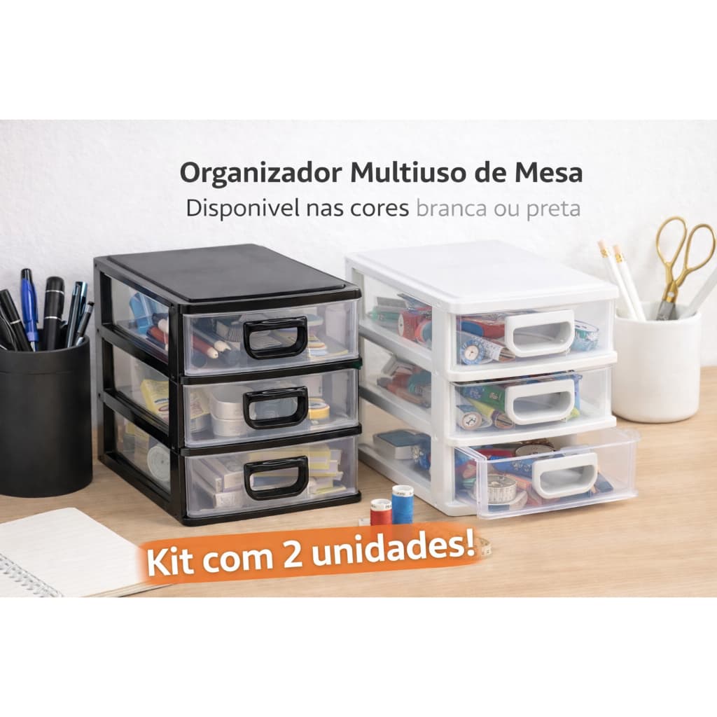 Kit 2 Gaveteiro Organizador de Mesa 3 Gavetas Plástico Branco/Preto Mini