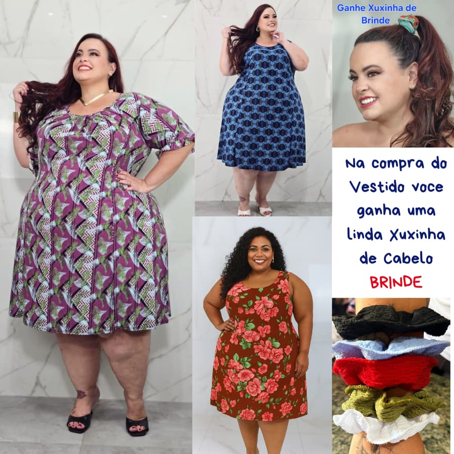 2 Vestido Feminino Estampado Liganete Midi  Manga Babado Regatinha c/ Detalhe Plus