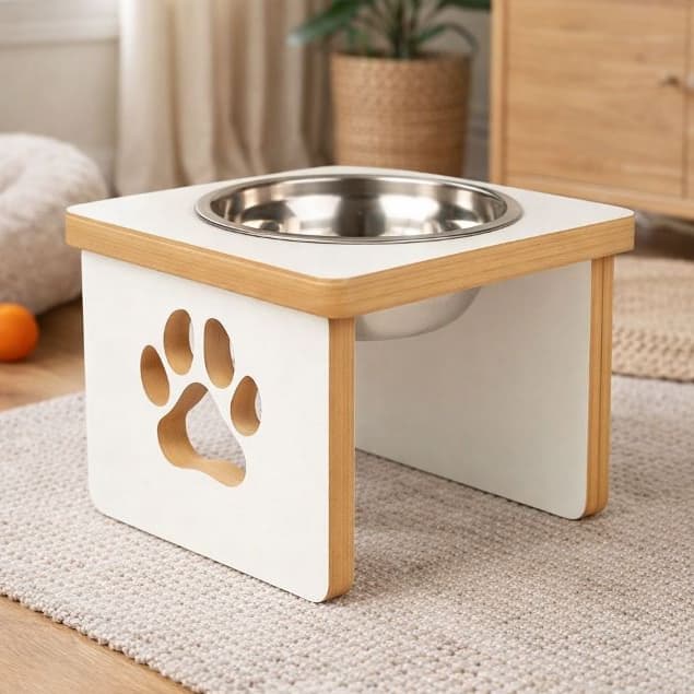 Kit Comedouro Pet Elevado MDF Branco Tigela Inox Ergonômico