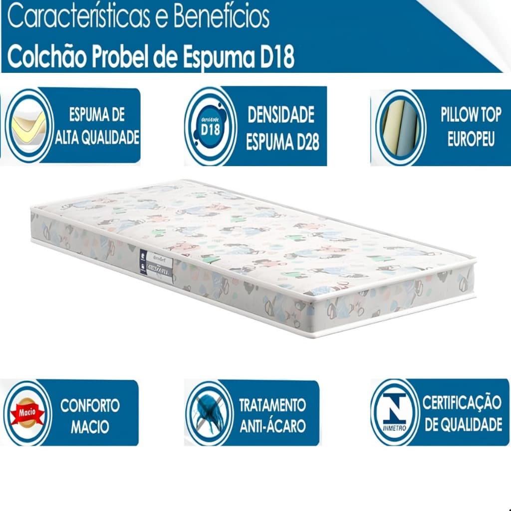 Colchão de Berço Probel Espuma D18 Baby Infantil 130x70 Quarto Bebê