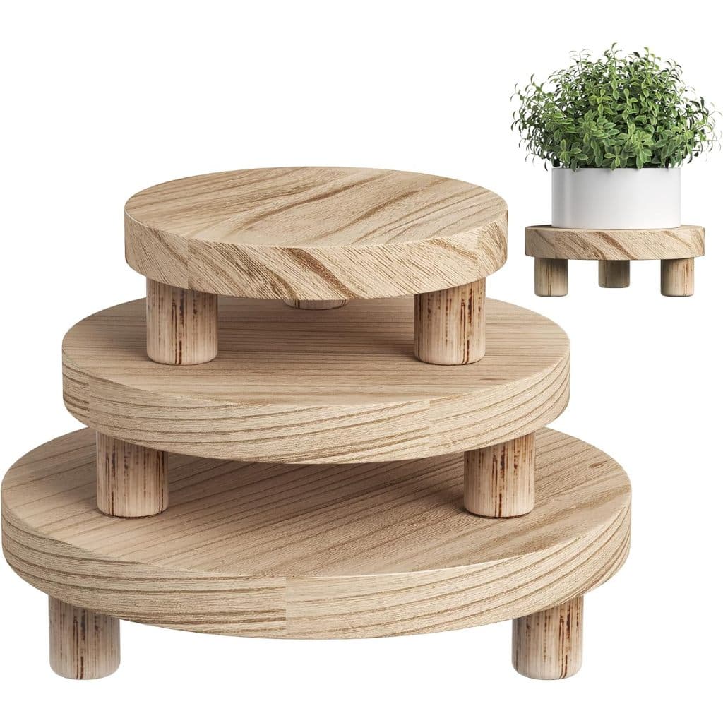 Suporte de madeira para plantas (3 peças), estilo banquinho, redondo, para vasos de plantas