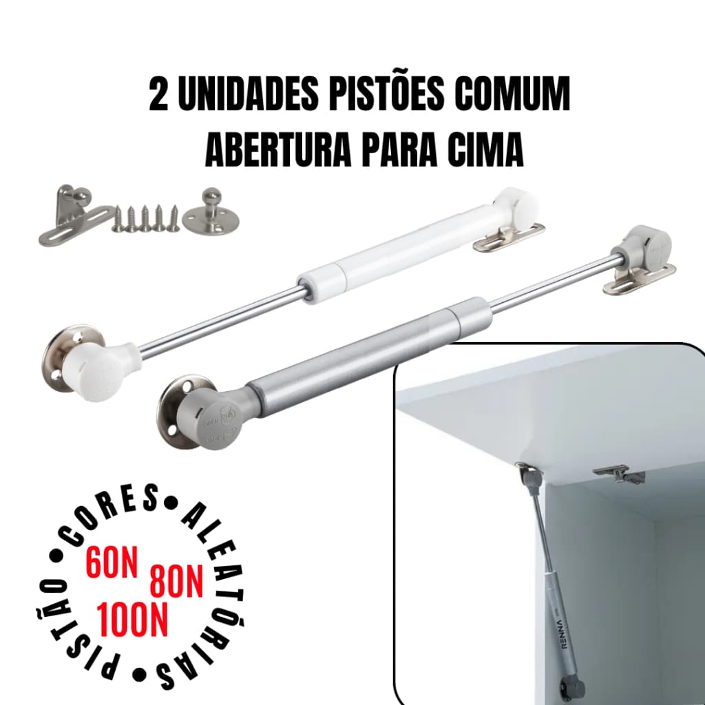 Kit c/ 2  UNIDADES Pistão a Gás Comum para Armario c/ Amortecedor - Abre para cima - Cor Aleatória