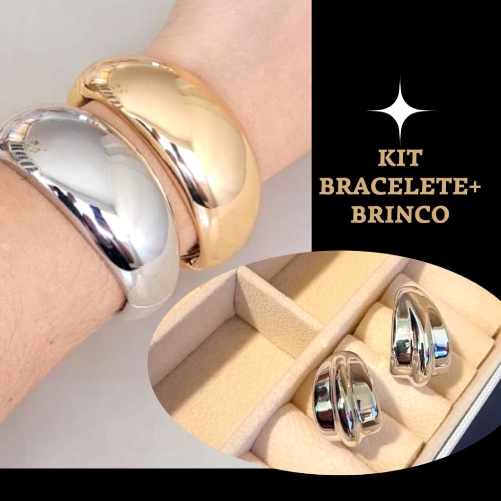Kit 2 Braceletes + Brinco Luxo Fashion Verniz Italiano Ouro e Prata