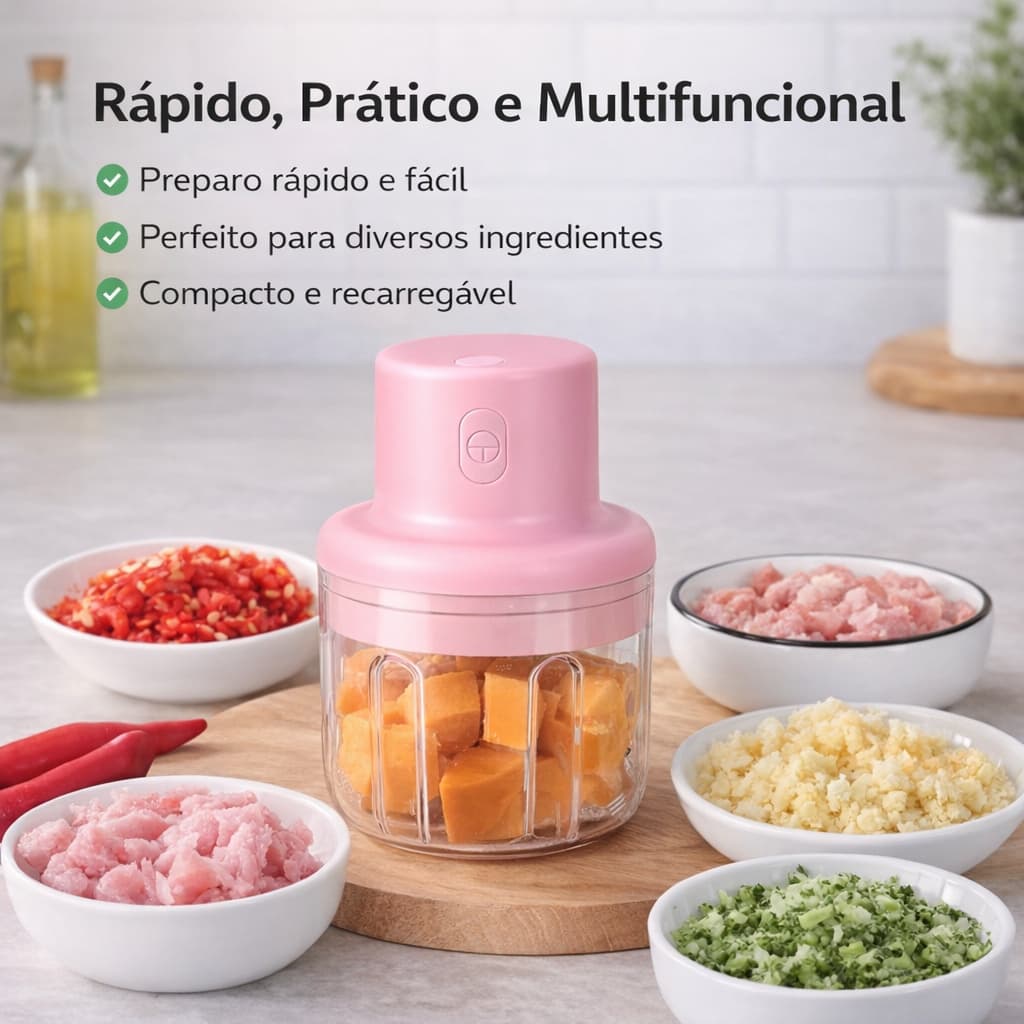 Triturador Elétrico de Alimentos Sem Fio Rosa | Processador de Alimentos para Verduras e Legumes | Recarregável 3,7V 6W