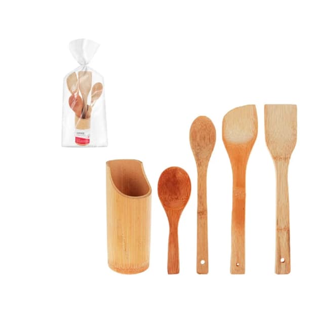 Kit Utensilios bambu 4 pcs com suporte red
