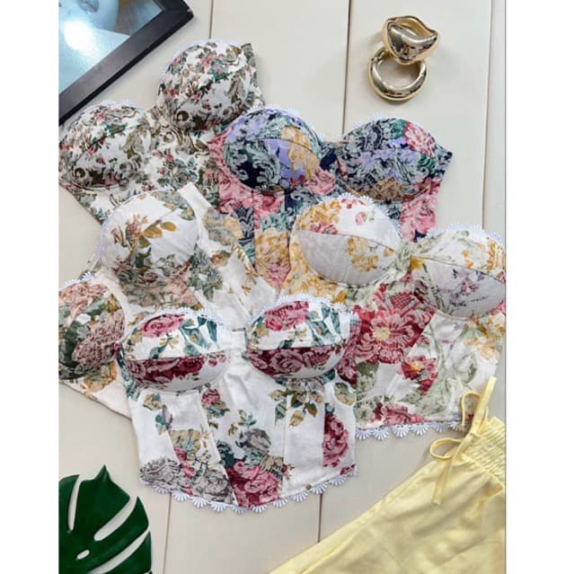 Cropped Corset Feminino Floral Paisley Tomara que Caia Com Amarração traseira Tendência Top Corselete