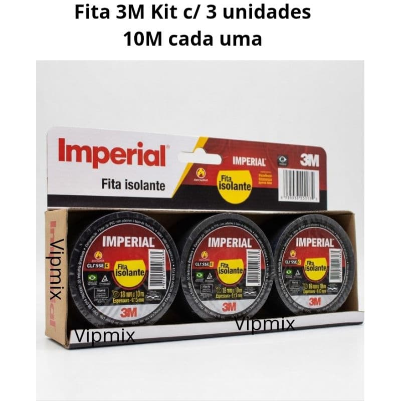 Kit 3 Fita isolante 3m imperial 18mm 10 metros cada uma preta classe C original Alta resistência fita elétrica pvc