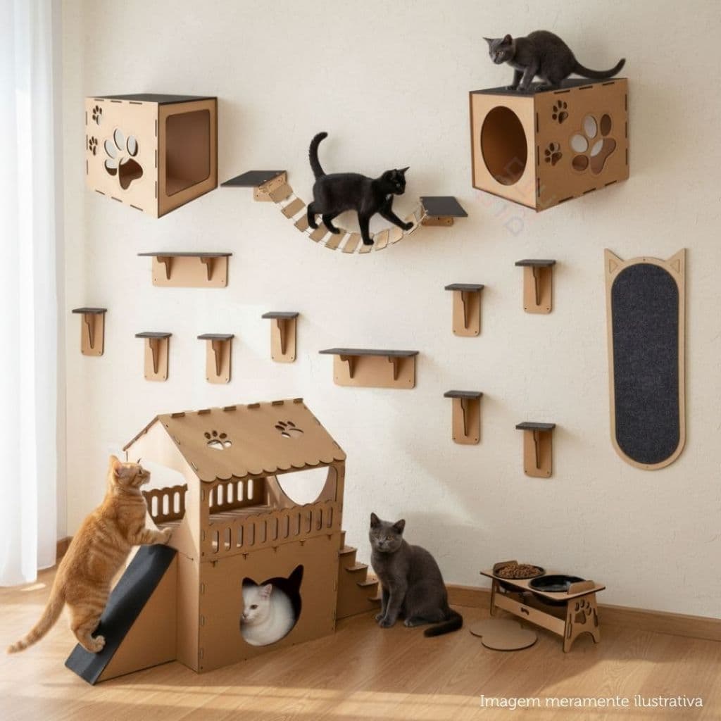 Kit Playground Para Gatos Em MDF Parede Com 10 Combinações De 7 A 23 Peças Diversão E Brincadeiras