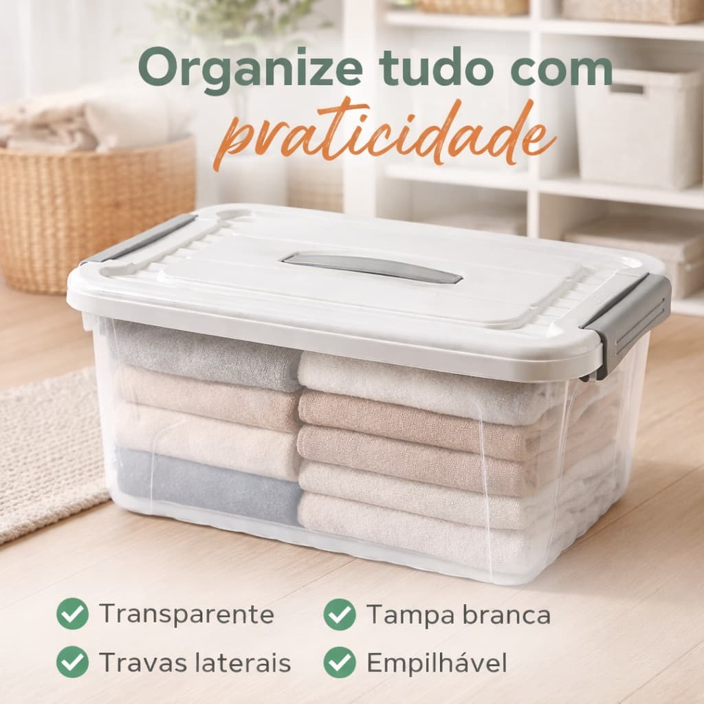 Caixas Organizadoras Transparentes com Tampa Branca Empilhavel Multiuso 3L 15L 20L