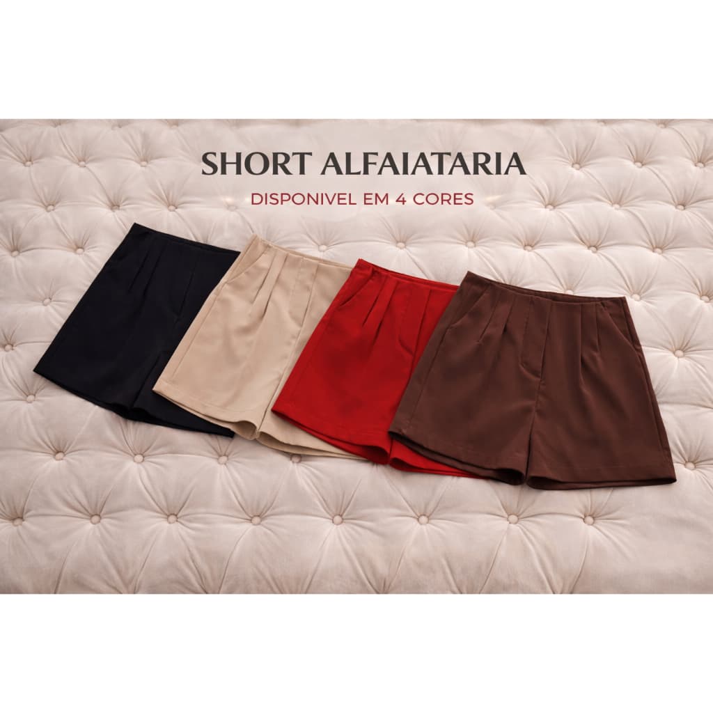 Short Feminino Alfaiataria Cintura Alta Social Elegante Com Zíper Lateral e Bolso Casual Chic