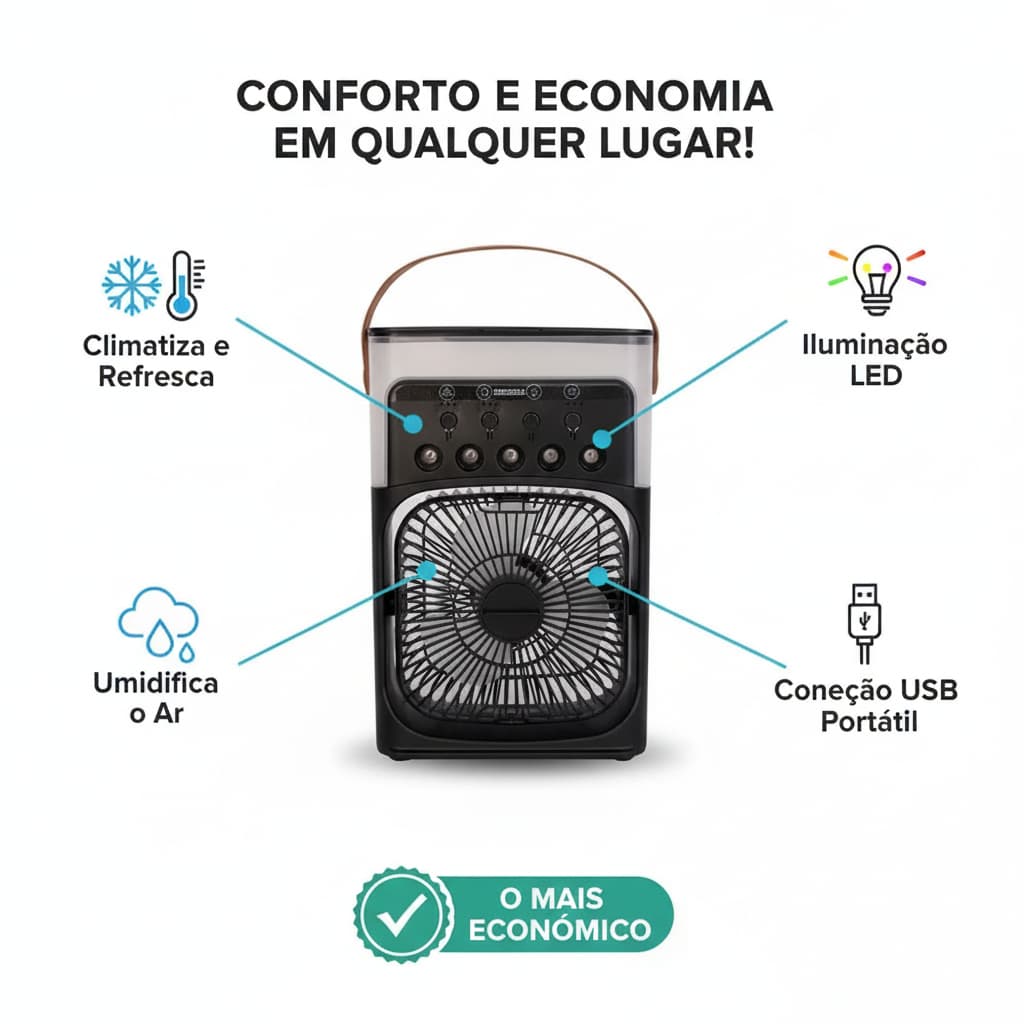 Mini Ventilador e Climatizador Ar Condicionado Portátil LED Umidificador USB 10W (Ultra Econômico)