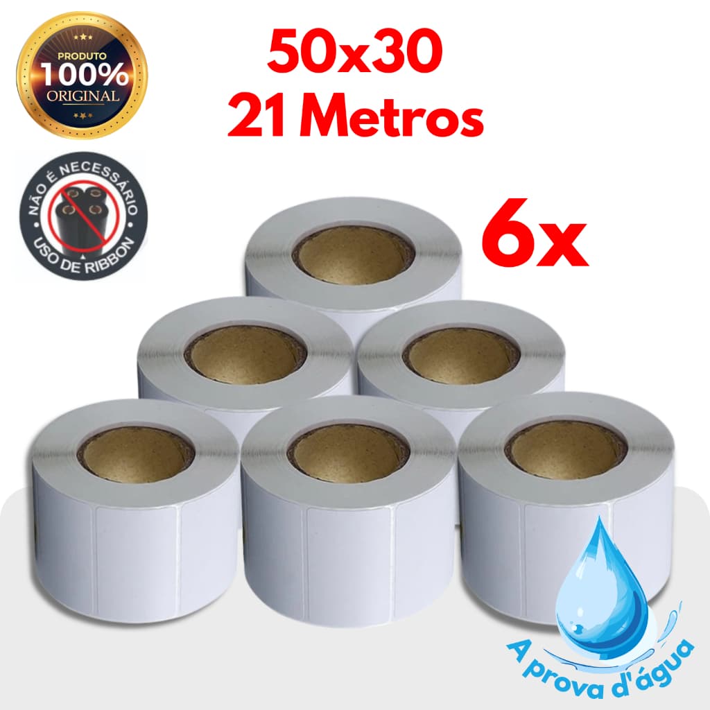 6 Rolos de etiqueta termica a prova d'água 50x30 21 metros