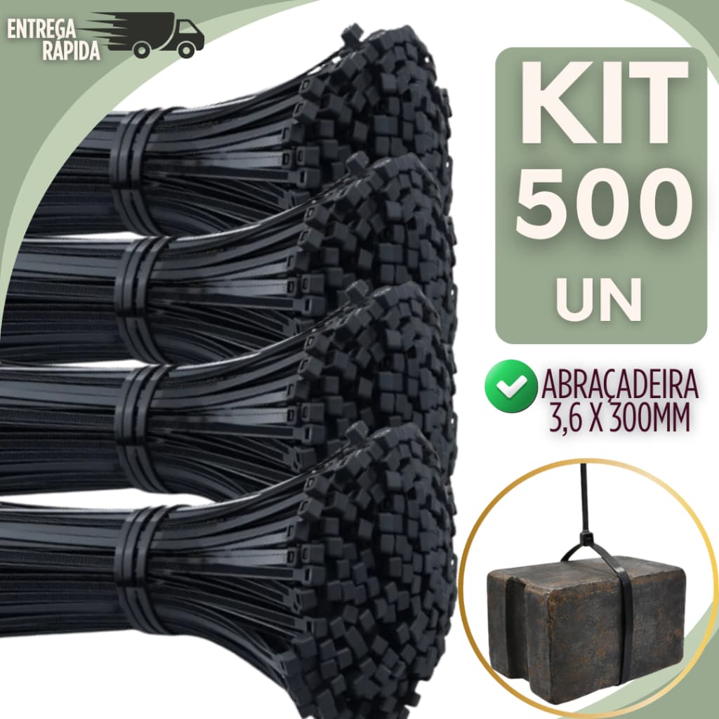 Abraçadeira de Nylon Preta 2,5x200mm e 3,6x150mm – Kit 300, 400 ou 500 Unidades – Alta Resistência