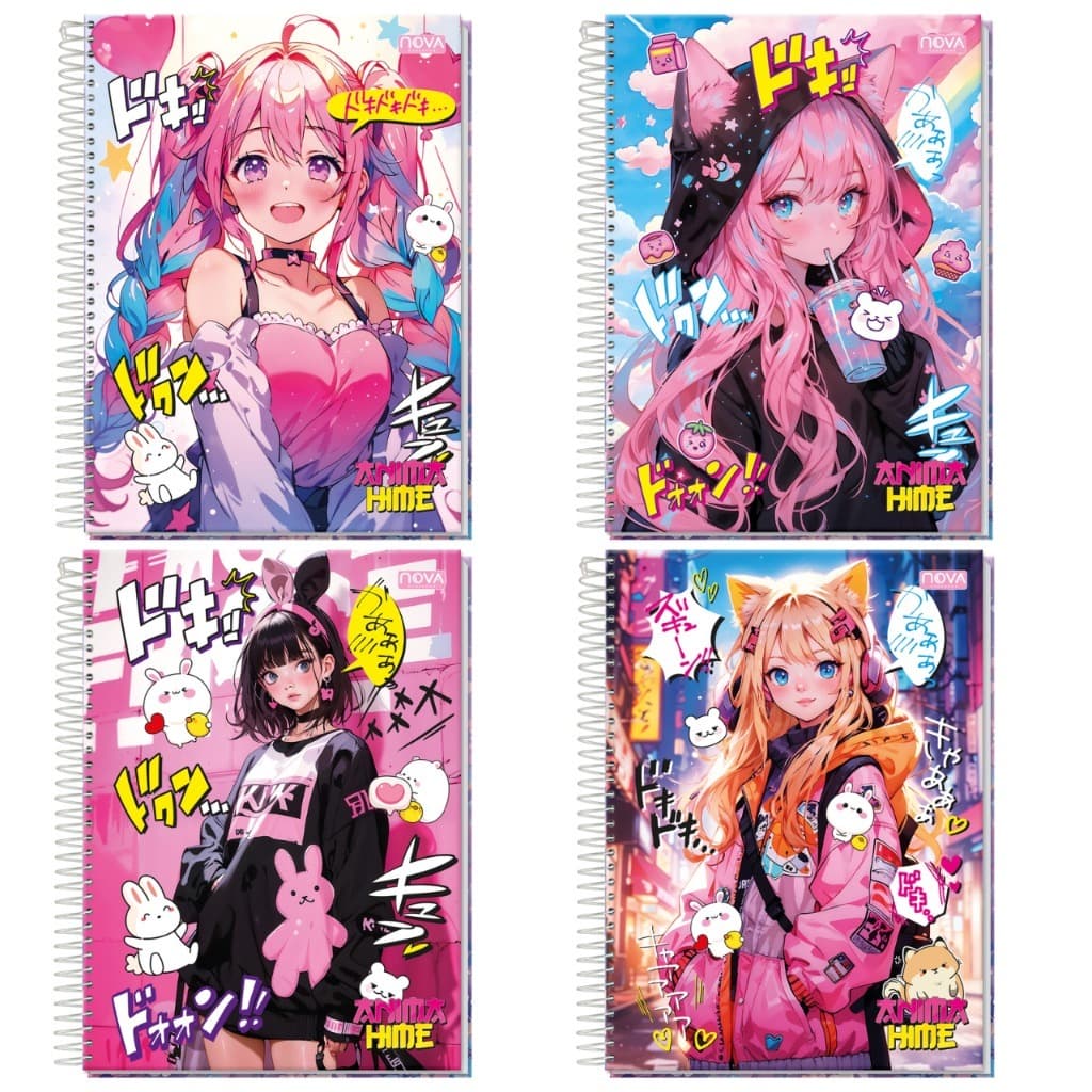 Kit Caderno Capa Dura Universitário Anime 80 Folhas Caderno Espiral 1 Matéria Menina