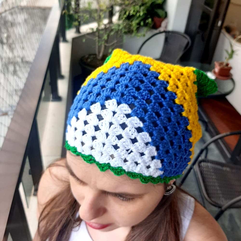 Bandana de Crochê Bandeira do Brasil Moda Feminina Feita à Mão Copa do Mundo