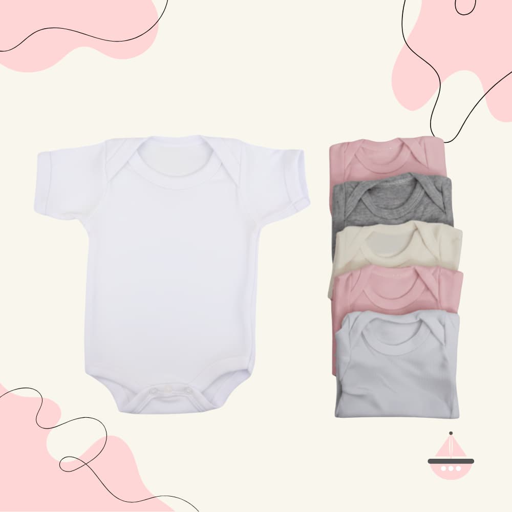 Kit 5 Body Manga Curta Cor Sortida Liso Básico Unissex Botão de Pressão Ombro Expansível Verão