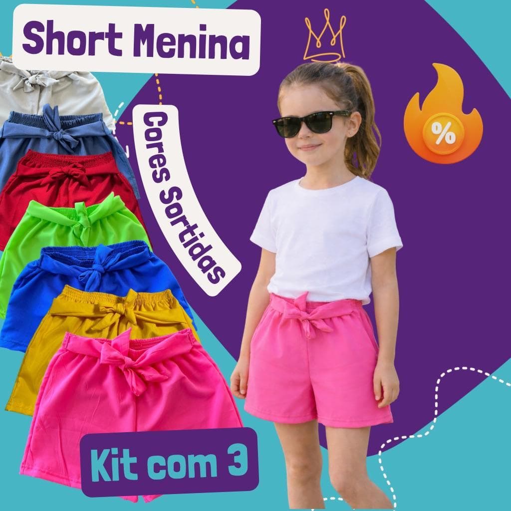 Kit 3 Peças Bermudinha Infantil Menina Com Laço - Atacado - 2 a 10 anos