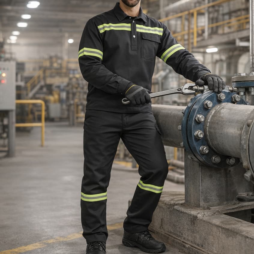 Conjunto Brim Profissional Calça Camisa Manga Longa Faixa Refletiva Uniforme Profissional Resistente