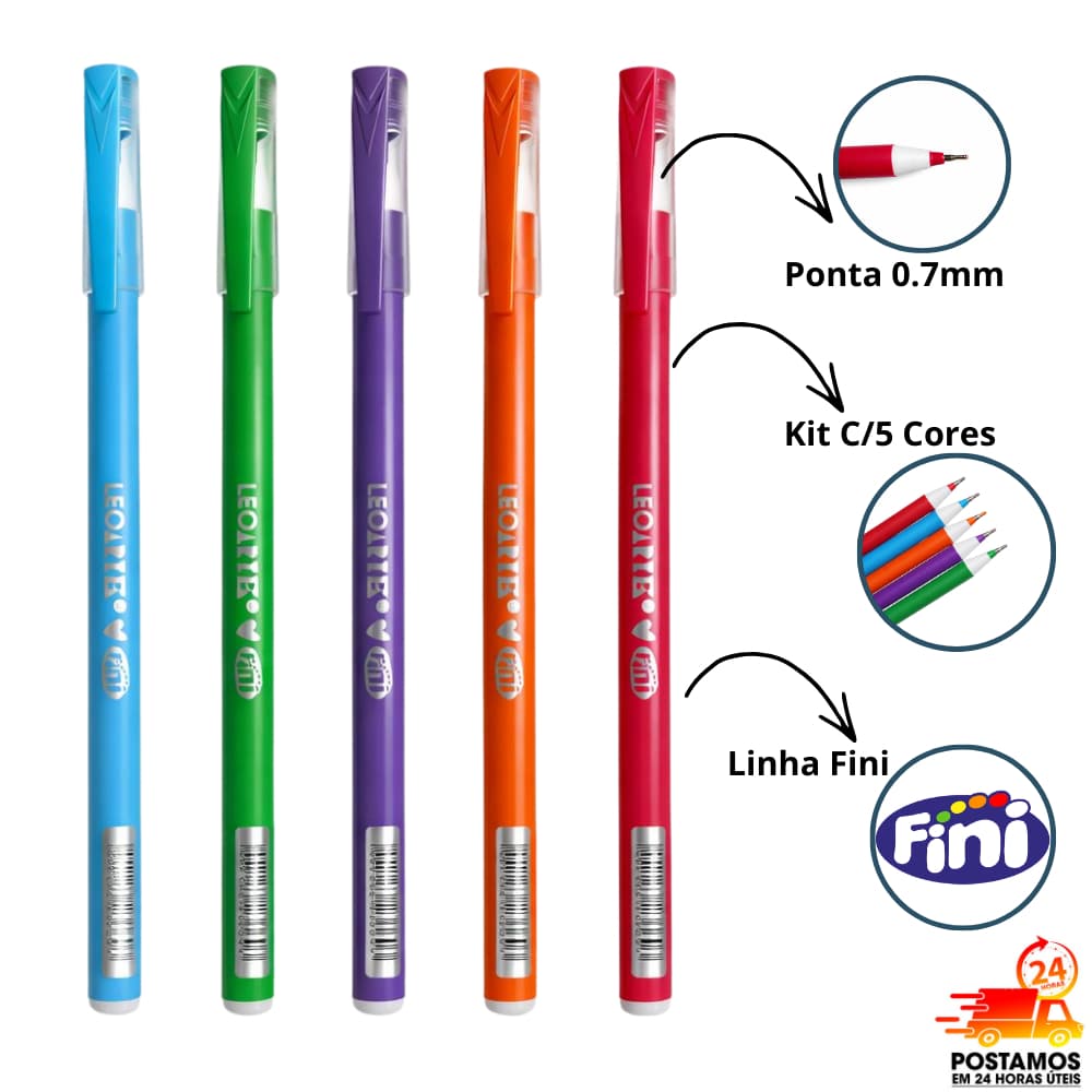 Kit Canetas Fini Esferográfica 0.7 Caneta Fini Gel 0.5 Escrita Macia Colorida Escolar - LeoArte