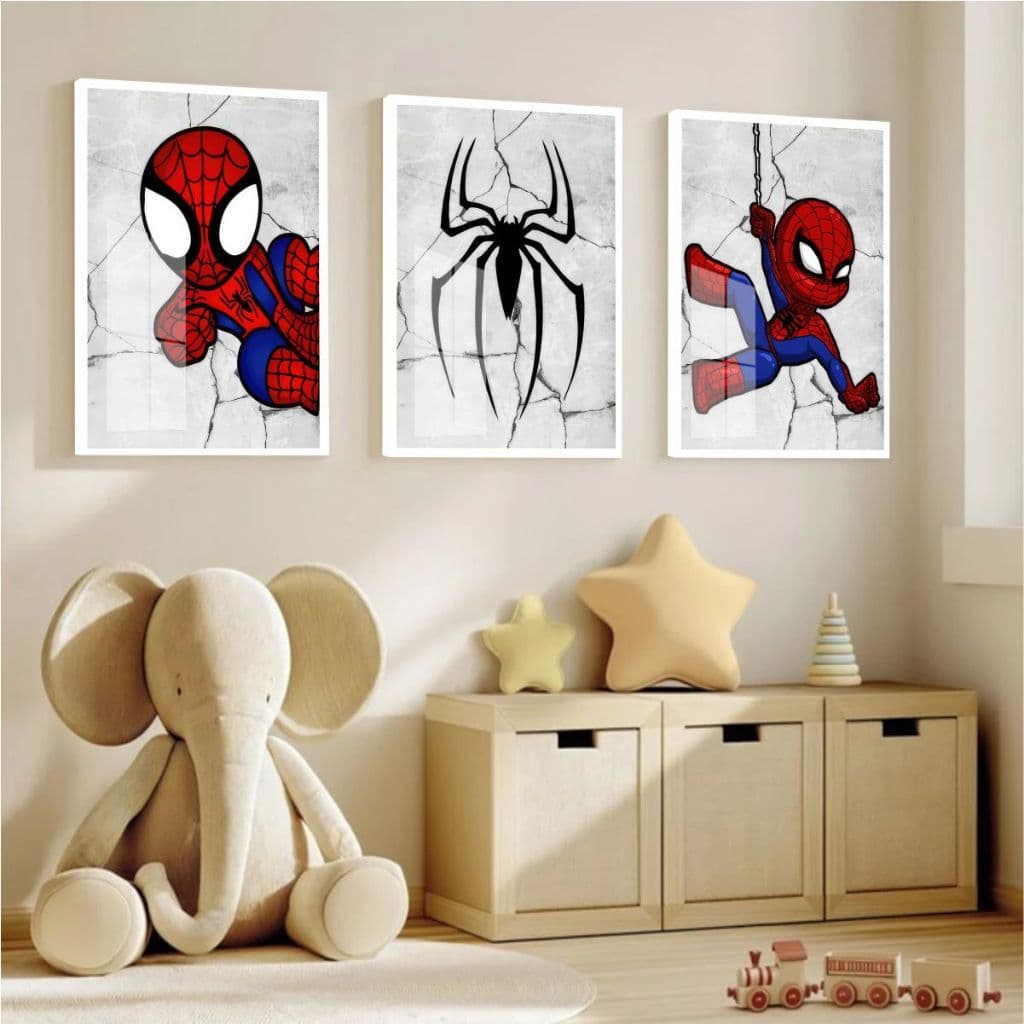 Quadro Moldura e Vidro Kit Três Peças Super Heróis Homem Aranha Decoração Quarto Infantil Menino