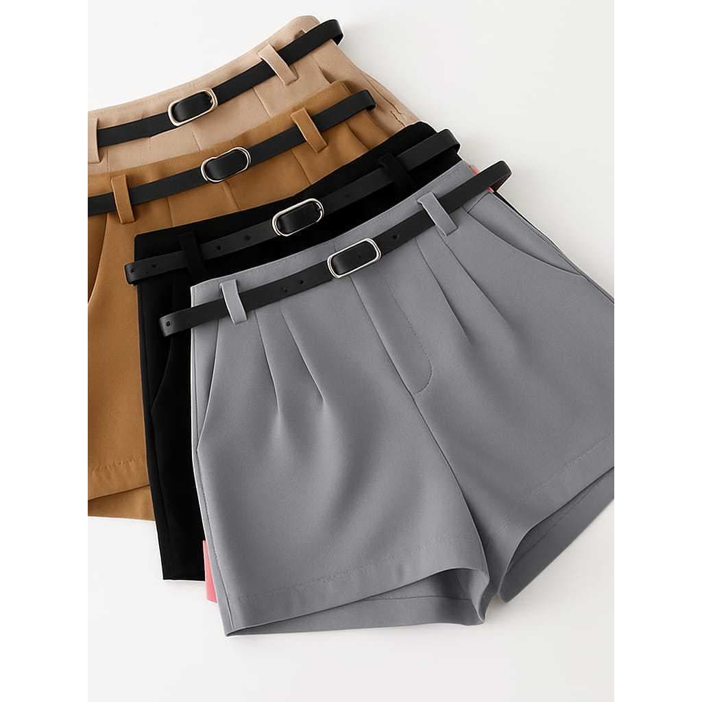 Short Alfaiataria Feminino Cintura Alta com cinto Bolso e Zíper Lateral Social Confortavel
