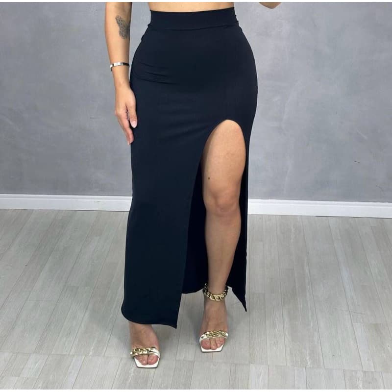 Saia Feminina Midi com Fenda Lateral Cintura Alta Casual e Festa