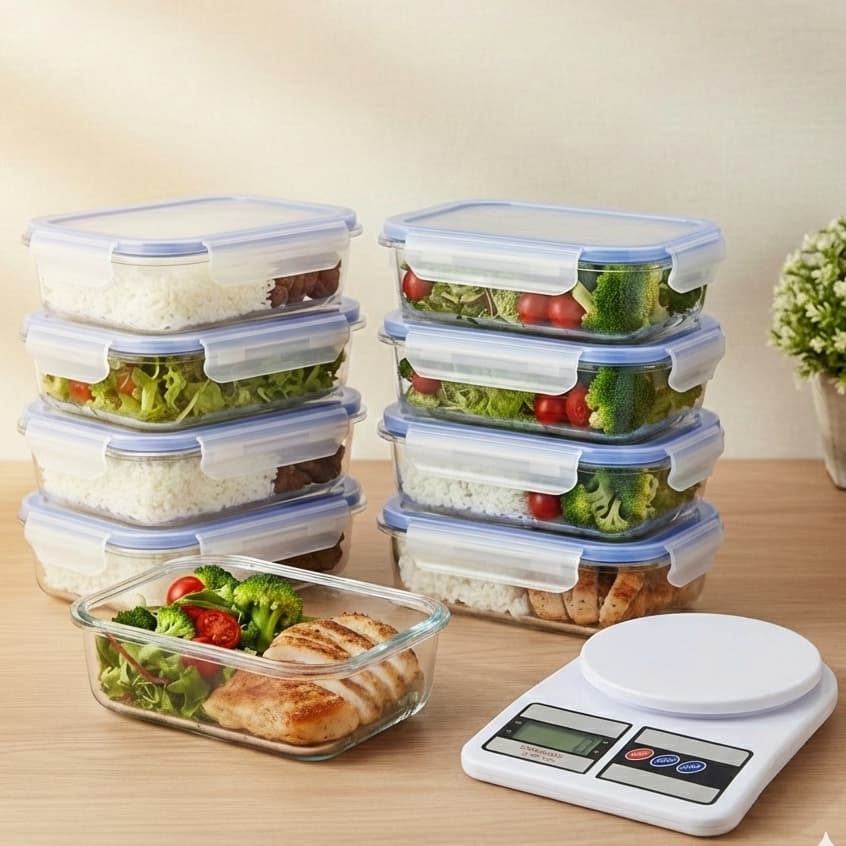 Kit 10 Potes Vidro 640ml Hermético 4 Travas Marmita Fit com Balança Digital Alta Precisão Dieta Plus