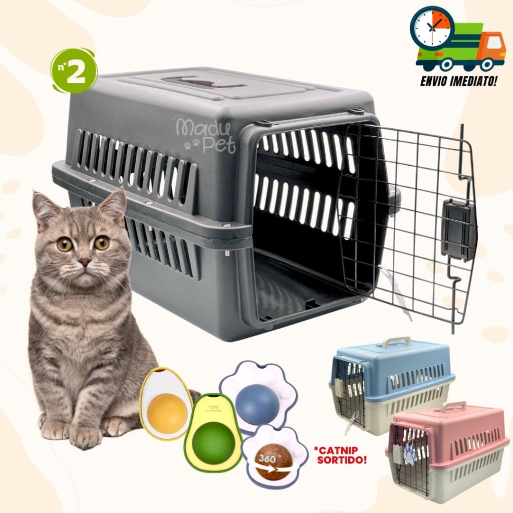 Kit Caixa de Transporte Para Gatos Porta de Ferro Resistente Pet até 10kg + CatNip Erva do Gato