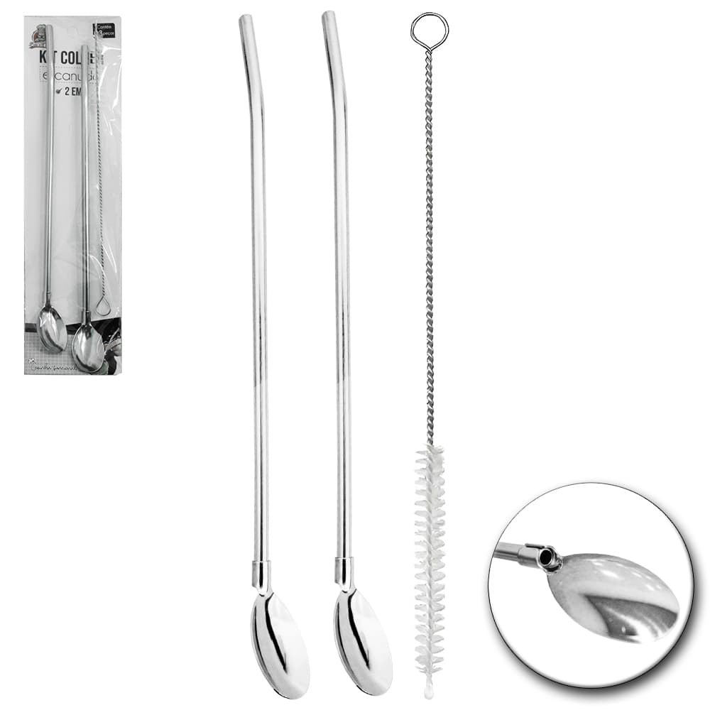 Kit 2 Canudos Colher Bailarina Inox Premium + Escova Limpeza - Ideal para Caipirinha, Milkshake e Gin