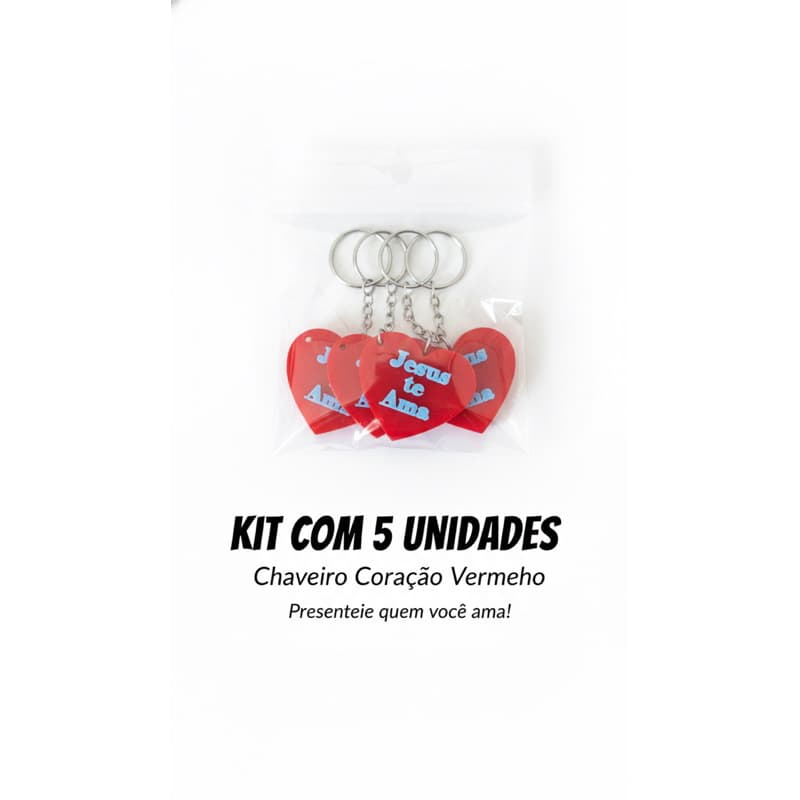 Kit 5 Chaveiros Coração Vermelho Jesus Te Ama – Presente Criativo, Lembrancinha Religiosa, Pronta Entrega