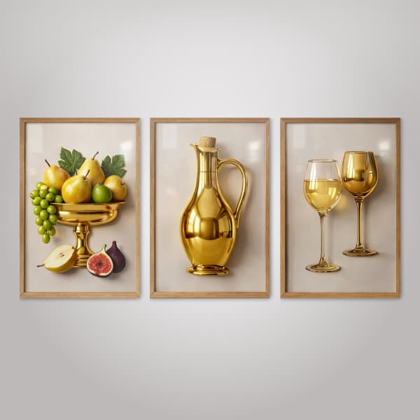 Quadro Decorativo Cozinha Frutas Jarro Taças Luxo Ouro Moldura Parede Decoração Kit 3 Peças