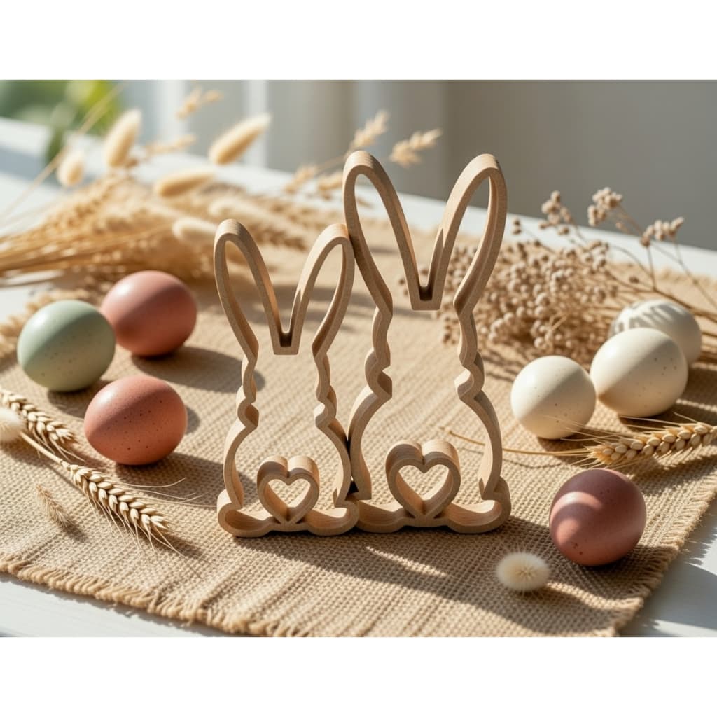 Coelhos Decorativos com Coração, Dupla Enfeite de Páscoa para Mesa Posta, Sala e Aparador
