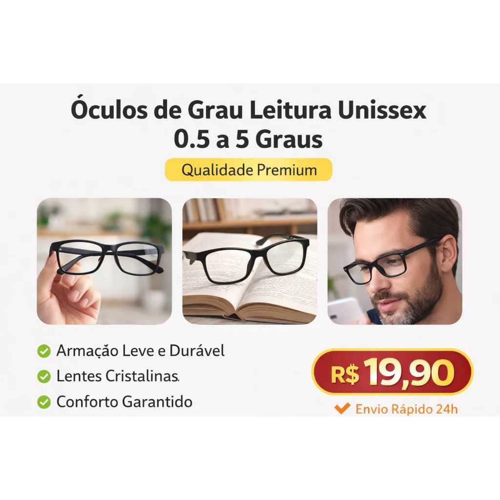 Óculos de Grau Masculino Preto 0.50 a 5.00 Armação Resistente Leve Promoção