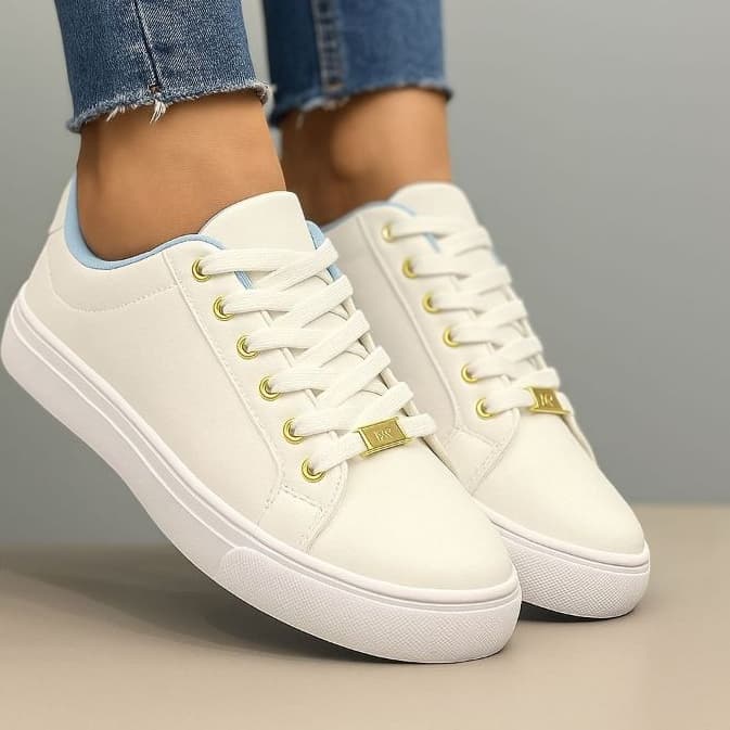 Tênis Feminino Casual Branco Couro Confortável com Detalhe Rosa e Azul – Dia a Dia