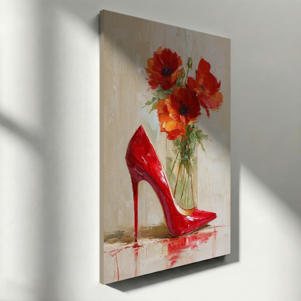 Quadro Decorativo Salto Alto Vermelho Flores Arte Moderna Feminina Tela Vertical Luxo