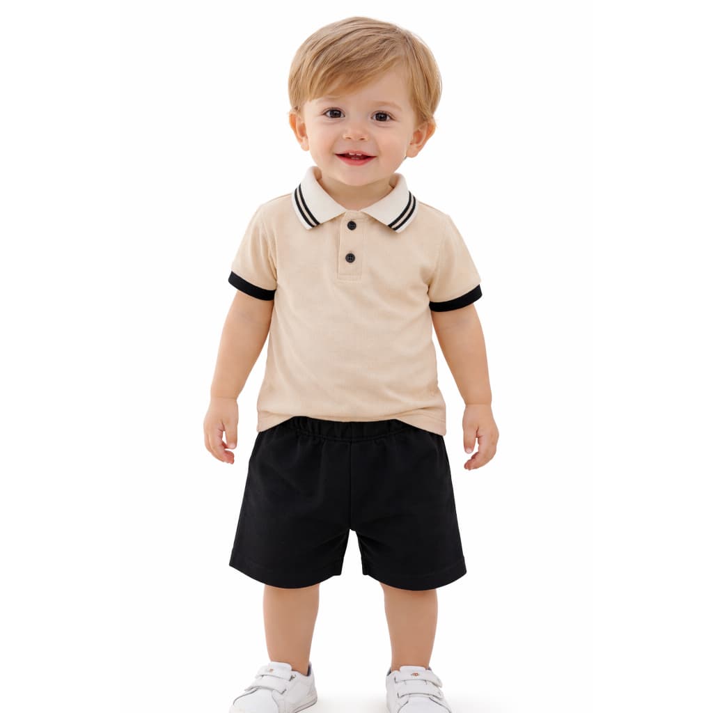 Conjunto Camiseta gola polo + Bermuda moletinho bebê menino P - M - G - GG - 1 - 2