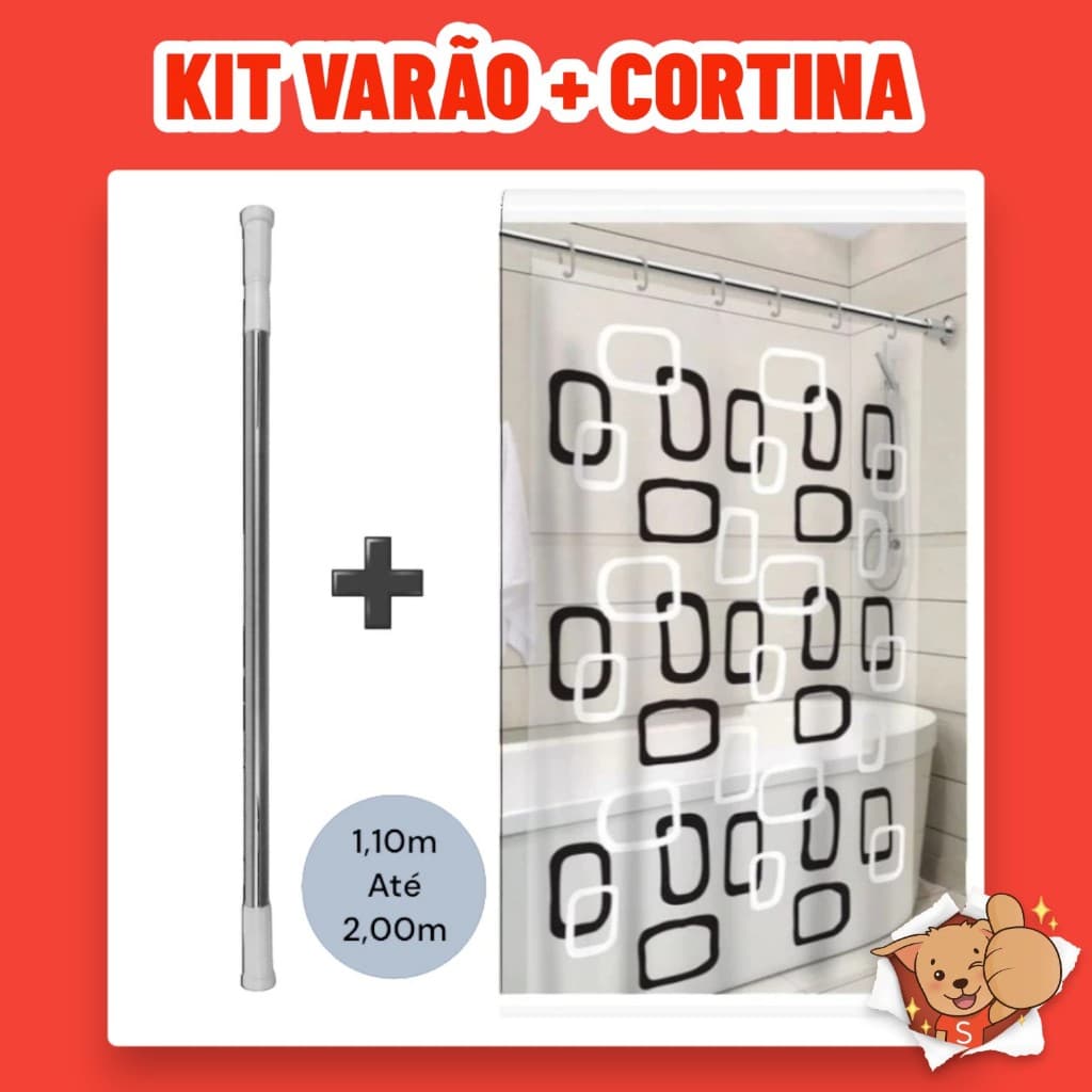 Kit Varão + Cortina para Box de Banheiro Ibiza Bastão Extensível Alumínio 1,10m até 2,00m