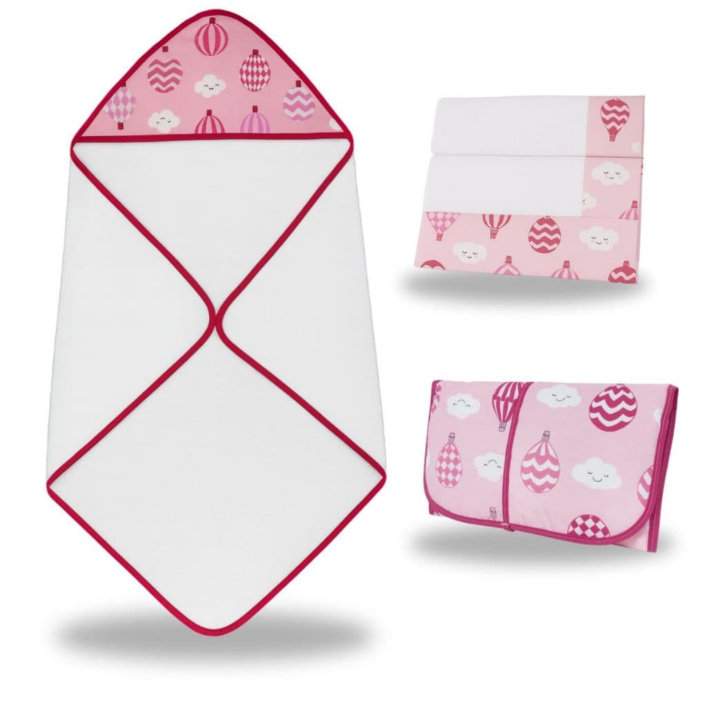 Toalha de Banho Para Bebe Trocador Portátil 5 Fraldas de Boca Ombro Kit 7 Peças Enxoval Menina Rosa