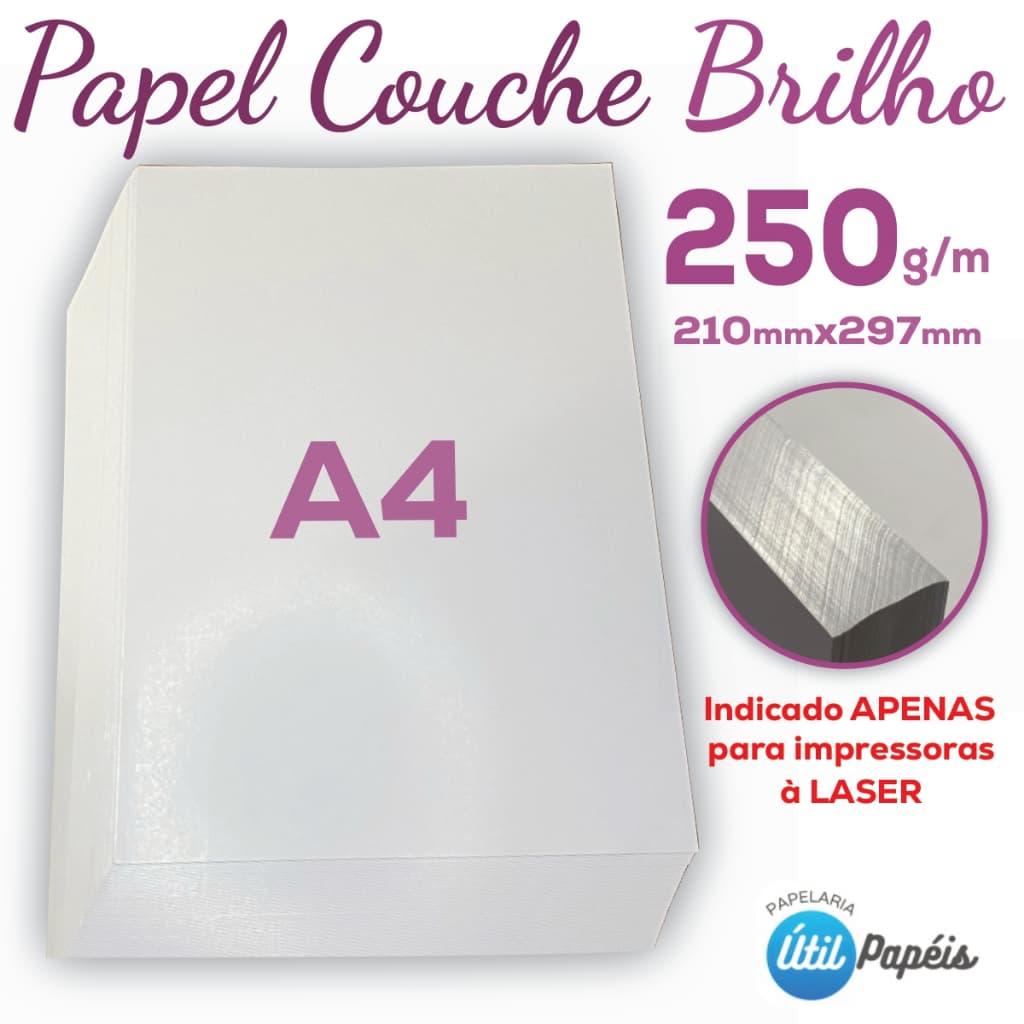 Papel Couche Brilho 250g A4 - Pacote com 25/50 folhas Branco Liso Brilho 210x297mm Para Laser
