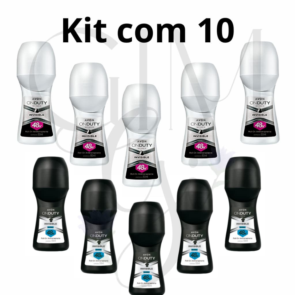 Kit com 10 Desodorante Roll-on On Duty Invisible - Masculino e Feminino Avon