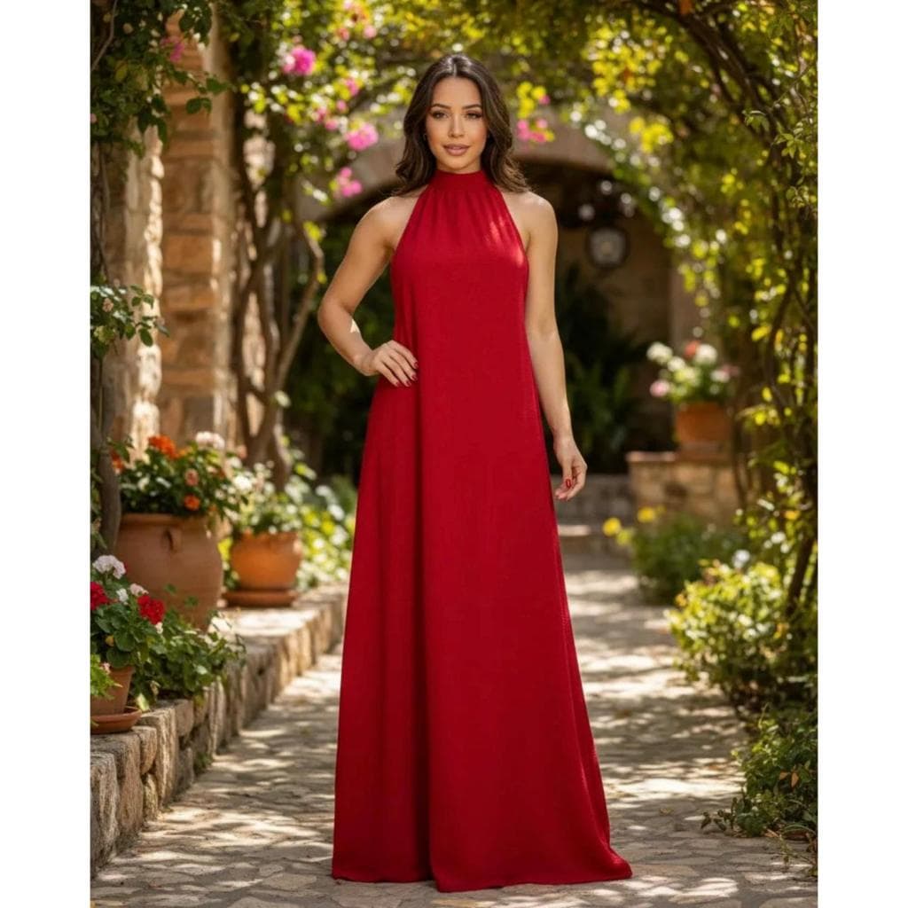 VESTIDO FRENTE UNICA GOLA ALTA LONGO FESTA ELEGANTE