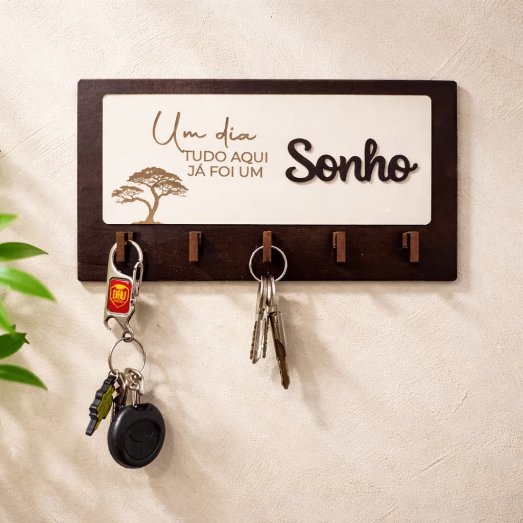 Porta Chaves de Parede Decorativo com Frase. Organizador 5 Ganchos - Decoração para Casa