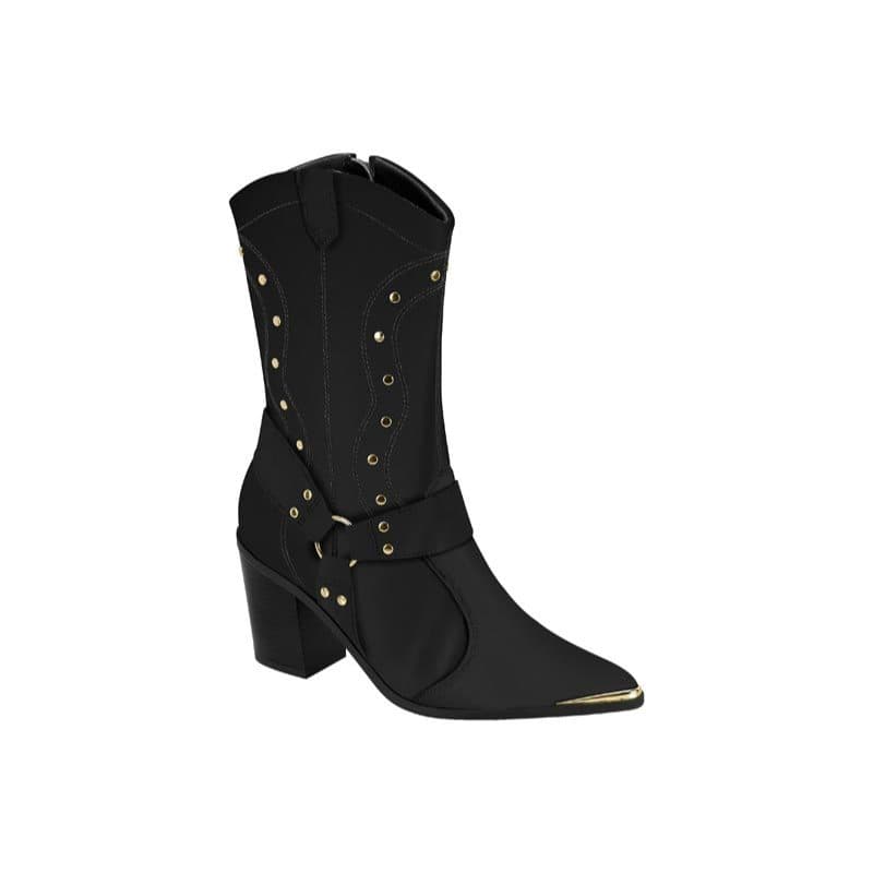Bota Feminina Western Preta Bordada Tachas Dourada Vizzano